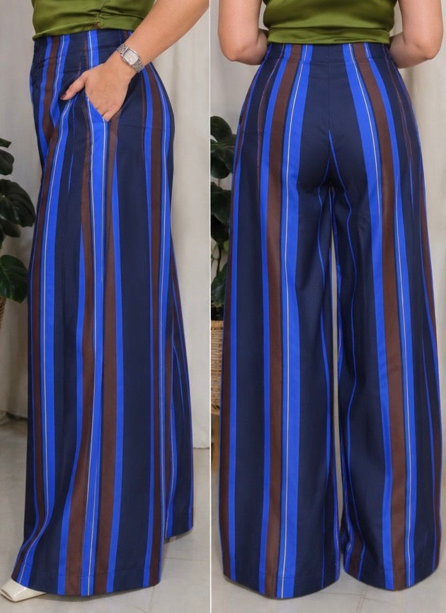 Striped Palazzo Pants - Cobalt