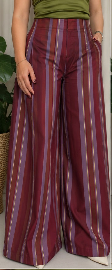 Striped Palazzo Pants - Burgundy