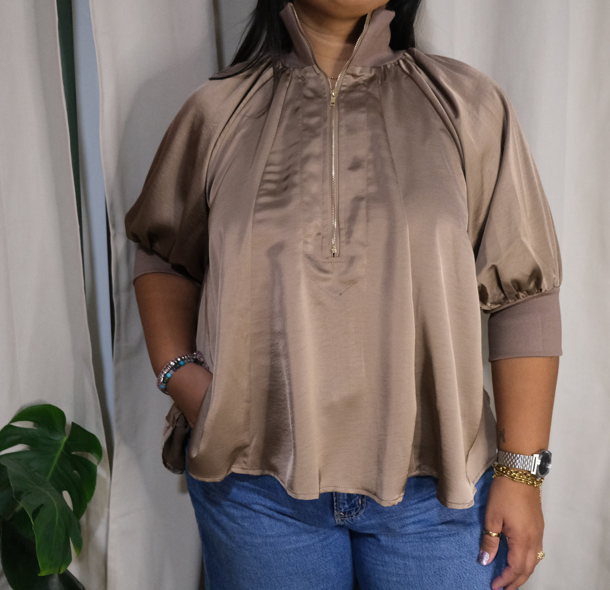 Satin Mock Neck Blouse