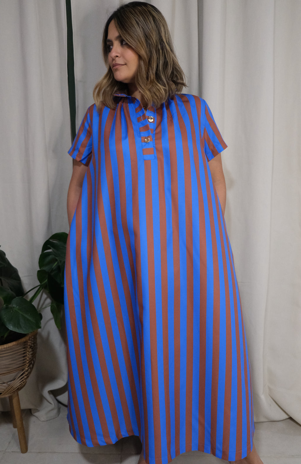 Royal Blue Striped Button-Down Midi Dress