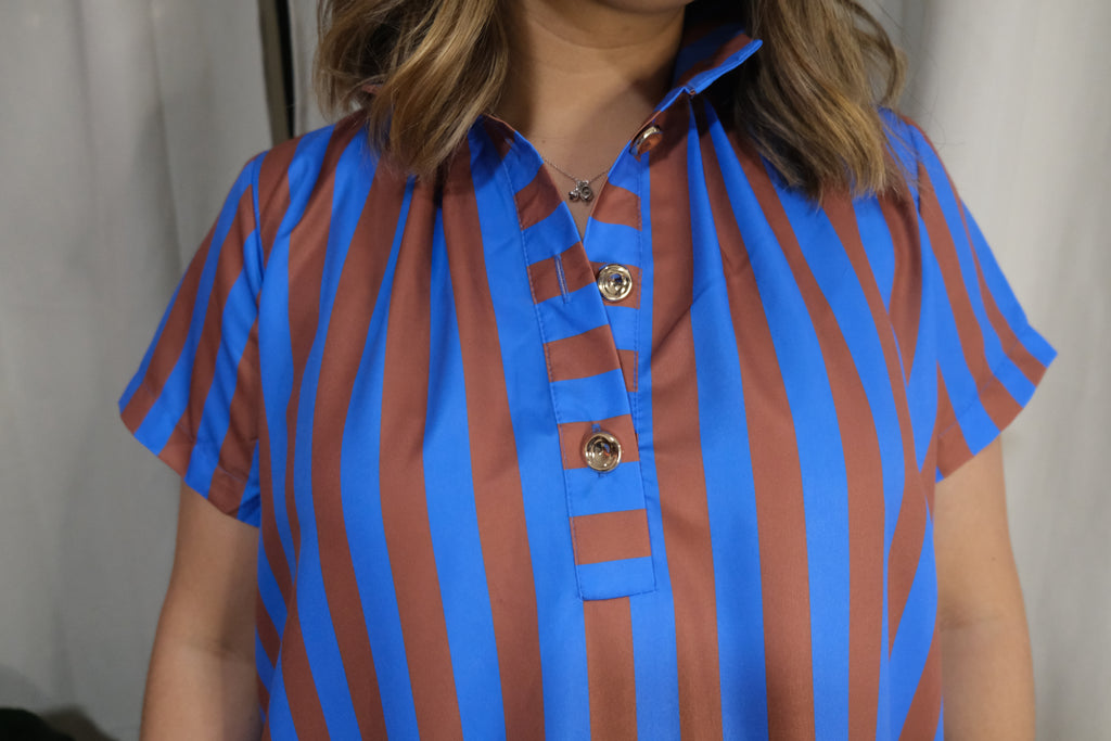 Royal Blue Striped Button-Down Midi Dress
