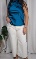 Cropped Scallop Pocket Wide-Leg Pants – Beige